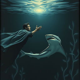 A surrealistic scene of a man hypnotizing a shark under the sea, near the surface