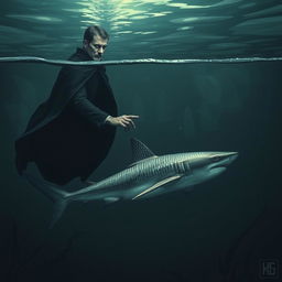 A surrealistic scene of a man hypnotizing a shark under the sea, near the surface