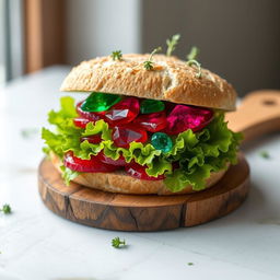 An imaginative and whimsical sandwich featuring slices of vibrant red rubies and lush green emeralds nestled between fresh, crisp lettuce and artisan bread