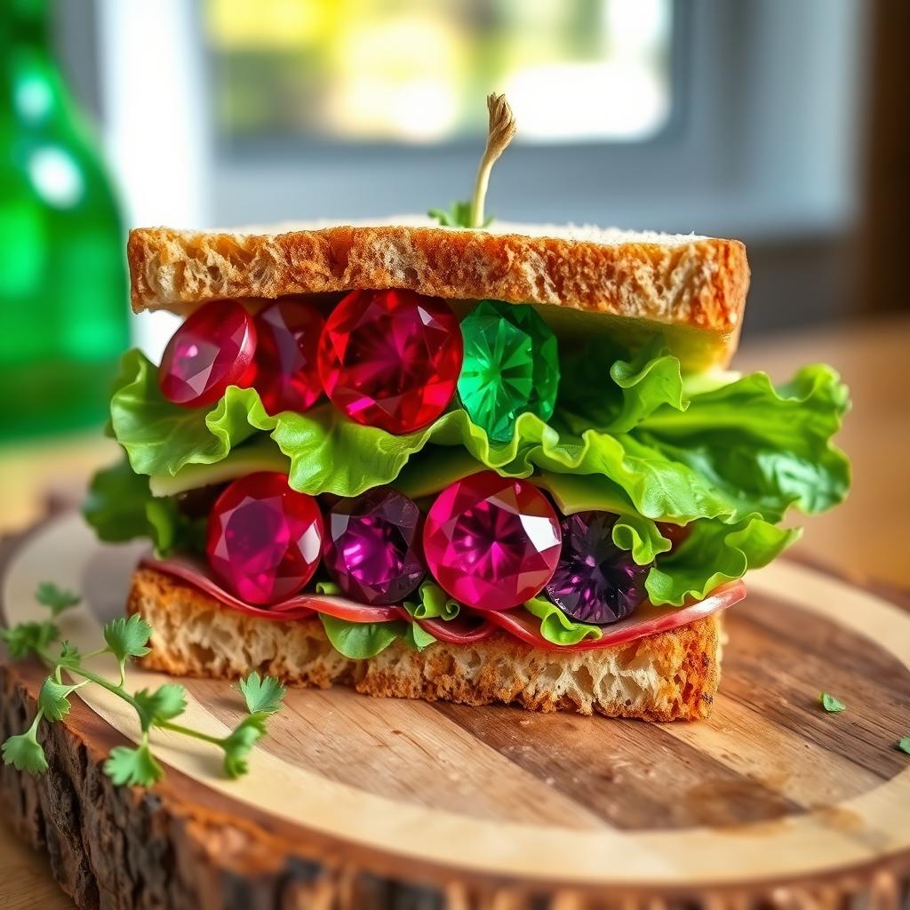 An imaginative and whimsical sandwich featuring slices of vibrant red rubies and lush green emeralds nestled between fresh, crisp lettuce and artisan bread