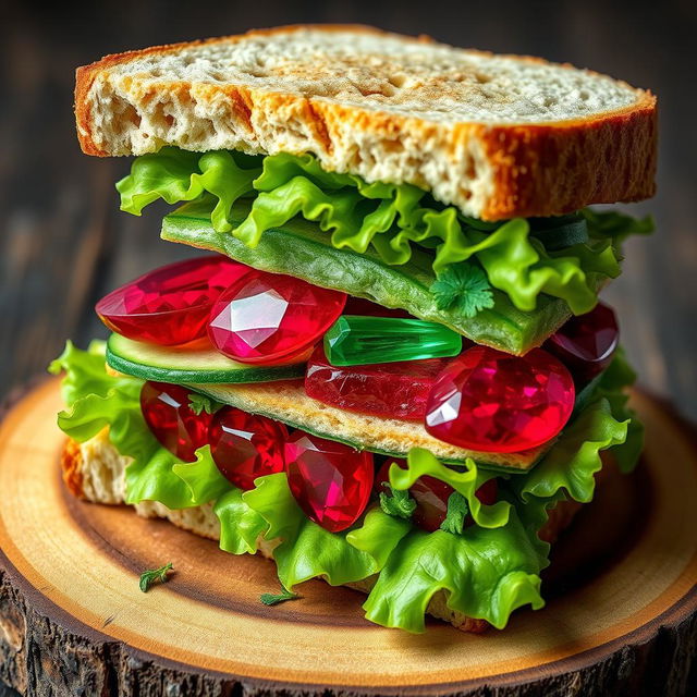 An imaginative and whimsical sandwich featuring slices of vibrant red rubies and lush green emeralds nestled between fresh, crisp lettuce and artisan bread