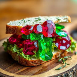 An imaginative and whimsical sandwich featuring slices of vibrant red rubies and lush green emeralds nestled between fresh, crisp lettuce and artisan bread