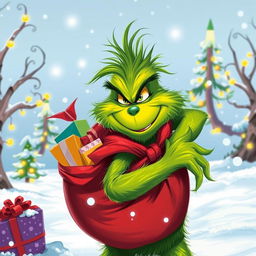 A whimsical and vibrant depiction of the Grinch, a green, furry character with a mischievous grin, carrying a large red sack filled with colorful presents