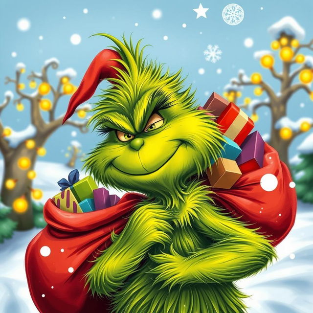 A whimsical and vibrant depiction of the Grinch, a green, furry character with a mischievous grin, carrying a large red sack filled with colorful presents