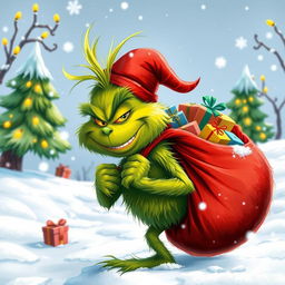 A whimsical and vibrant depiction of the Grinch, a green, furry character with a mischievous grin, carrying a large red sack filled with colorful presents
