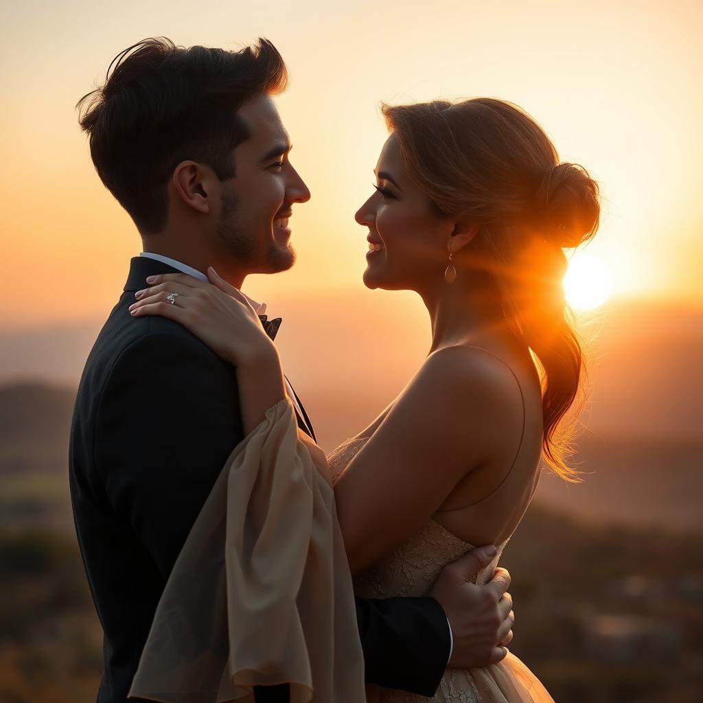 A romantic couple embracing in a warm, golden light at sunset, capturing a beautiful moment of affection