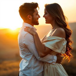 A romantic couple embracing in a warm, golden light at sunset, capturing a beautiful moment of affection