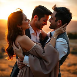 A romantic couple embracing in a warm, golden light at sunset, capturing a beautiful moment of affection