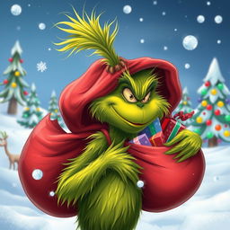 A whimsical and vibrant depiction of the Grinch, a green, furry character with a mischievous grin, carrying a large red sack filled with colorful gifts