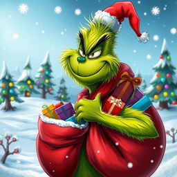 A whimsical and vibrant depiction of the Grinch, a green, furry character with a mischievous grin, carrying a large red sack filled with colorful gifts