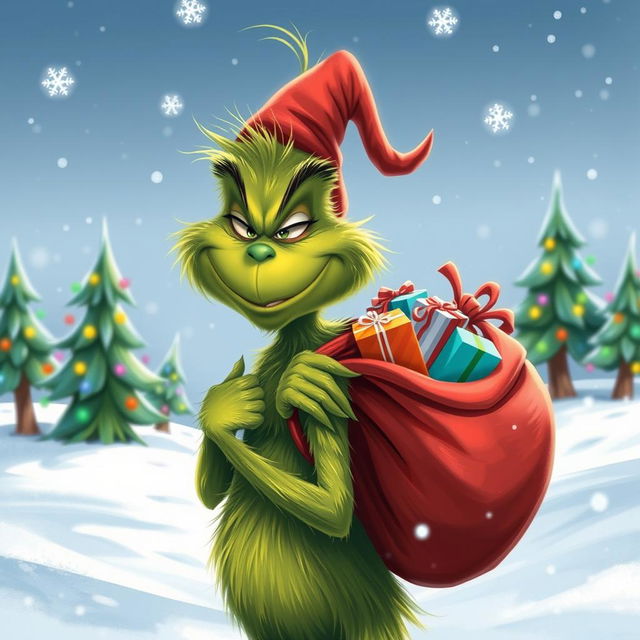 A whimsical and vibrant depiction of the Grinch, a green, furry character with a mischievous grin, carrying a large red sack filled with colorful gifts