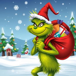 A whimsical and vibrant depiction of the Grinch, a green, furry character with a mischievous grin, carrying a large red sack filled with colorful gifts