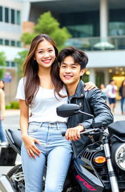 An attractive young woman with a pure heart and playful demeanor, showcasing a charming smile and captivating eyes, standing confidently next to a daring young professor named Jeon Jungkook, who is 25 years old, effortlessly exuding charm and style