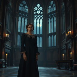 A melancholic scene featuring a sad governess standing in a grand, dimly lit room of an ancient castle