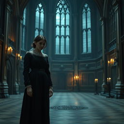 A melancholic scene featuring a sad governess standing in a grand, dimly lit room of an ancient castle