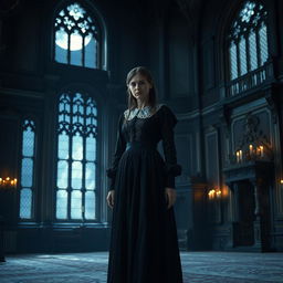 A melancholic scene featuring a sad governess standing in a grand, dimly lit room of an ancient castle