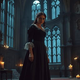 A melancholic scene featuring a sad governess standing in a grand, dimly lit room of an ancient castle