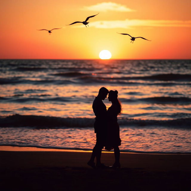 A romantic scene at the beach, featuring a couple in silhouette against the light of the setting sun