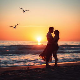 A romantic scene at the beach, featuring a couple in silhouette against the light of the setting sun