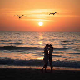 A romantic scene at the beach, featuring a couple in silhouette against the light of the setting sun
