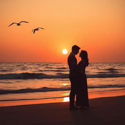 A romantic scene at the beach, featuring a couple in silhouette against the light of the setting sun