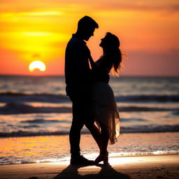 A romantic couple silhouetted against the light at a picturesque beach during sunset