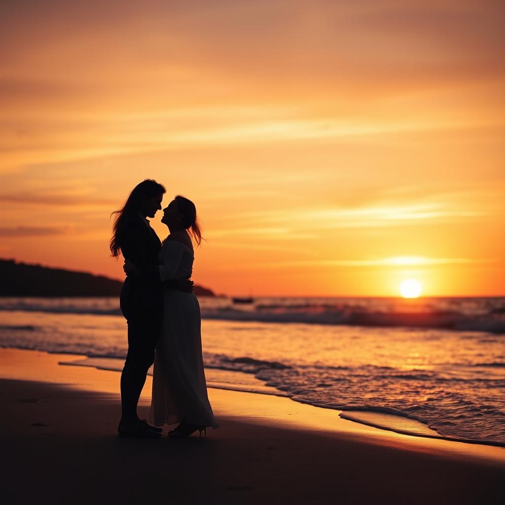 A romantic couple silhouetted against the light at a picturesque beach during sunset