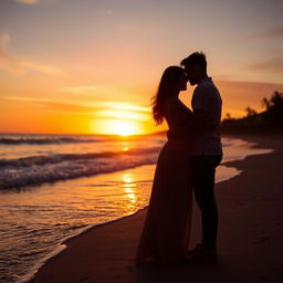 A romantic couple silhouetted against the light at a picturesque beach during sunset
