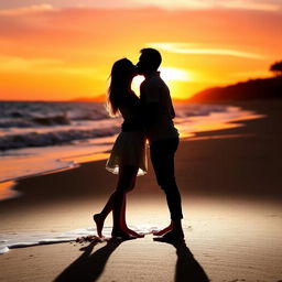 A romantic couple silhouetted against the light at a picturesque beach during sunset