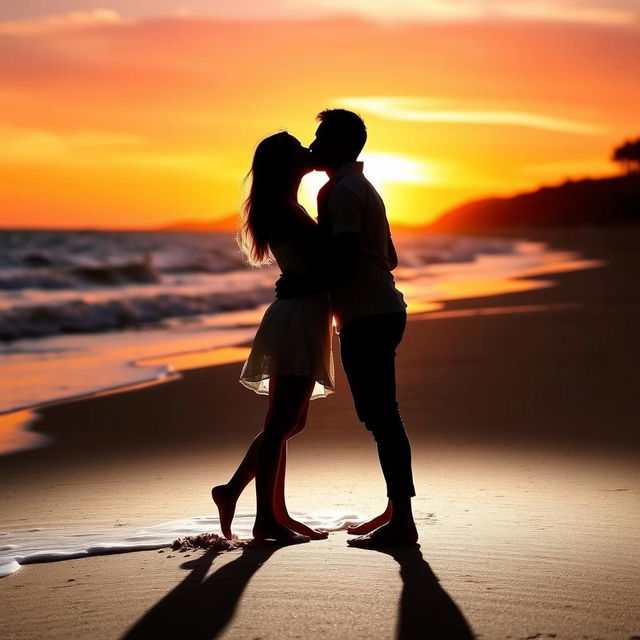 A romantic couple silhouetted against the light at a picturesque beach during sunset