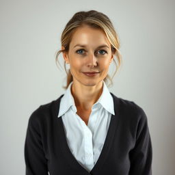 A 35-year-old woman with a natural style, featuring fair skin and minimal makeup