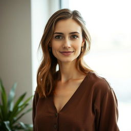 A 35-year-old woman with a natural style, featuring fair skin and minimal makeup