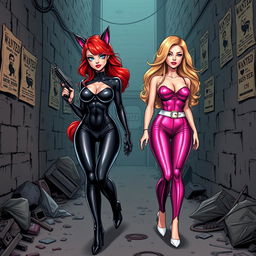 A comic book-style illustration featuring a sexy, beautiful, thick cat girl aged 21 with long, wavy flame red hair and captivating crystal blue eyes