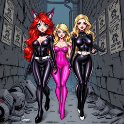 A comic book-style illustration featuring a sexy, beautiful, thick cat girl aged 21 with long, wavy flame red hair and captivating crystal blue eyes