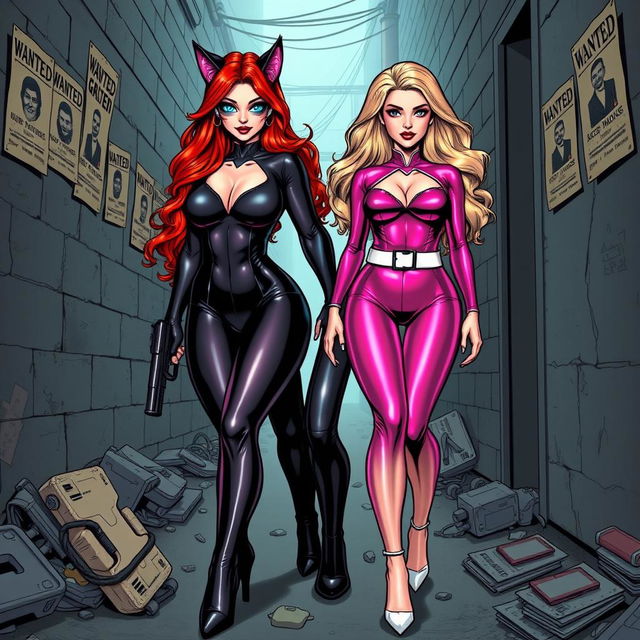 A comic book-style illustration featuring a sexy, beautiful, thick cat girl aged 21 with long, wavy flame red hair and captivating crystal blue eyes