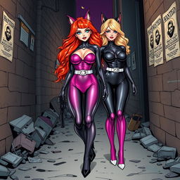 A comic book-style illustration featuring a sexy, beautiful, thick cat girl aged 21 with long, wavy flame red hair and captivating crystal blue eyes