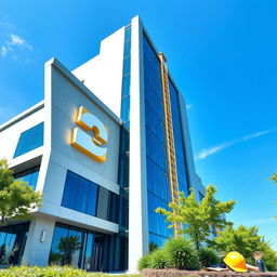 A modern and sleek building design with construction elements integrated into the structure, featuring the Greek letter 'π' in a bold, artistic logo style