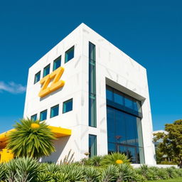 A modern and sleek building design with construction elements integrated into the structure, featuring the Greek letter 'π' in a bold, artistic logo style