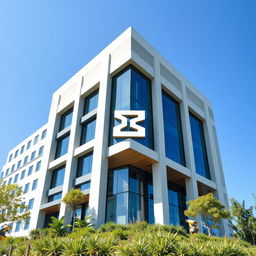 A modern and sleek building design with construction elements integrated into the structure, featuring the Greek letter 'π' in a bold, artistic logo style