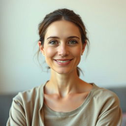 A 35-year-old woman with fair skin and minimal makeup, photographed from the waist up