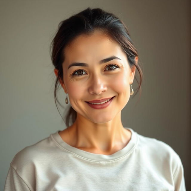 A 35-year-old woman with fair skin and minimal makeup, photographed from the waist up