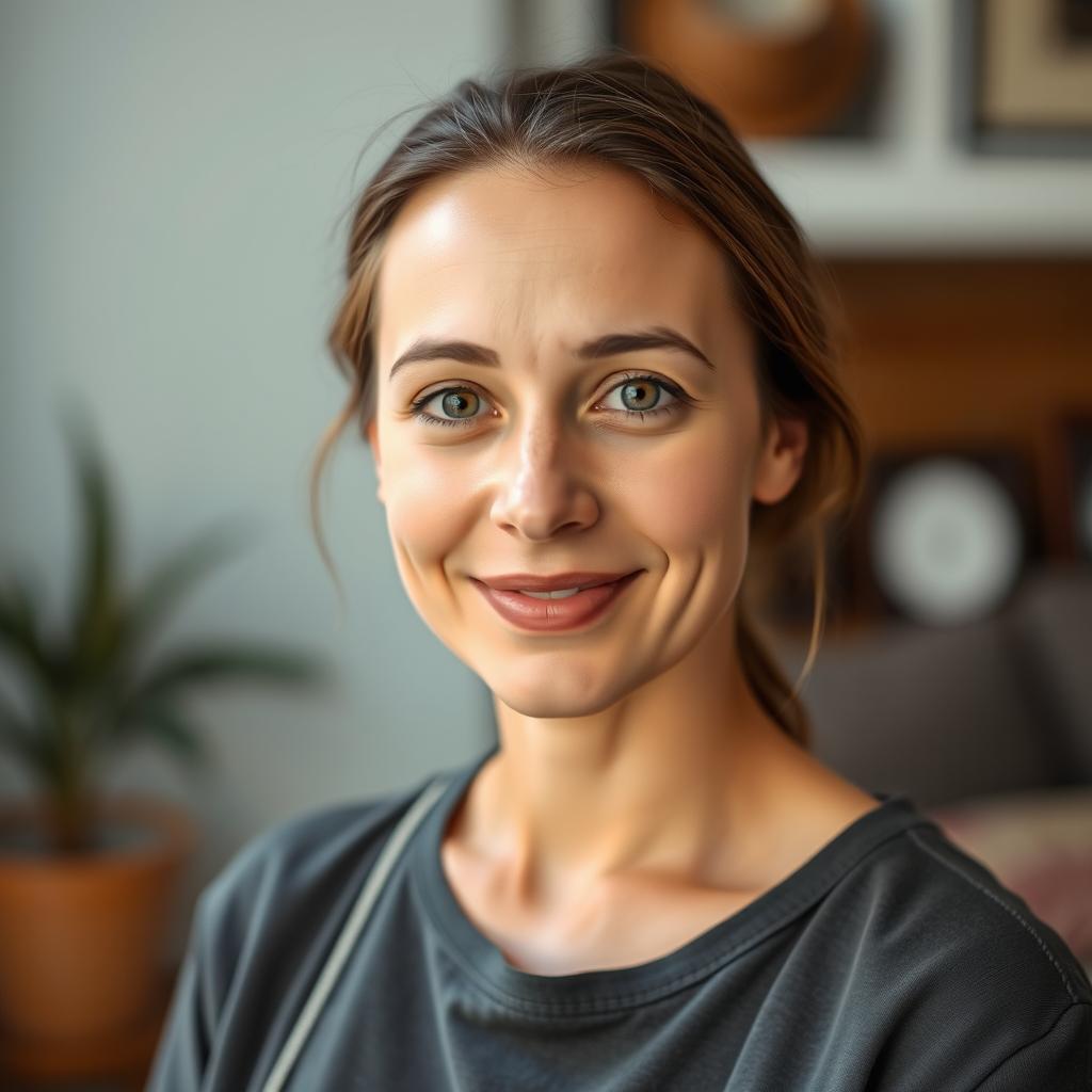 A 35-year-old woman with fair skin and minimal makeup, photographed from the waist up