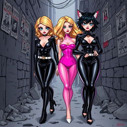 A comic book-style illustration featuring a sexy, beautiful, thick cat girl aged 21 with medium messy black hair and striking crystal blue eyes