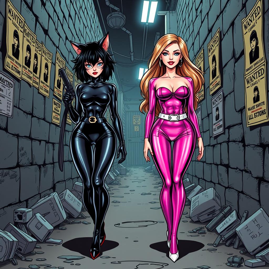 A comic book-style illustration featuring a sexy, beautiful, thick cat girl aged 21 with medium messy black hair and striking crystal blue eyes