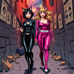 A comic book-style illustration featuring a sexy, beautiful, thick cat girl aged 21 with medium messy black hair and striking crystal blue eyes