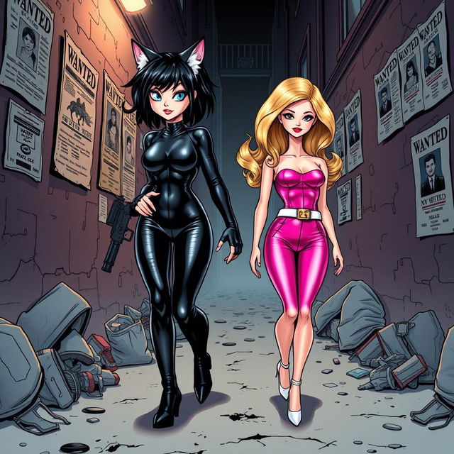 A comic book-style illustration featuring a sexy, beautiful, thick cat girl aged 21 with medium messy black hair and striking crystal blue eyes