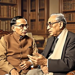 A historical meeting scene featuring Jawaharlal Nehru and Bhimrao Ambedkar engaged in a thoughtful discussion
