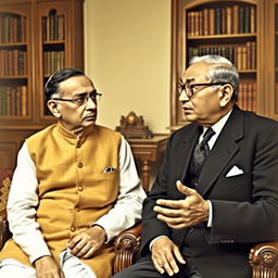 A historical meeting scene featuring Jawaharlal Nehru and Bhimrao Ambedkar engaged in a thoughtful discussion