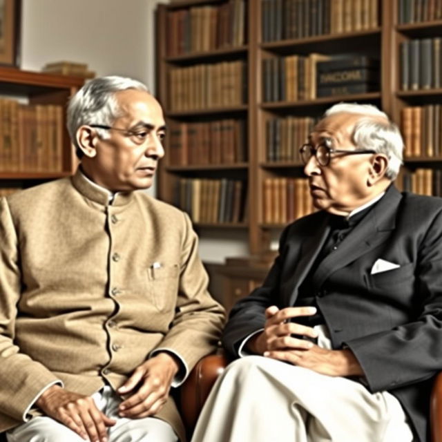 A historical meeting scene featuring Jawaharlal Nehru and Bhimrao Ambedkar engaged in a thoughtful discussion