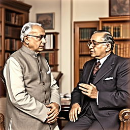 A historical meeting scene featuring Jawaharlal Nehru and Bhimrao Ambedkar engaged in a thoughtful discussion